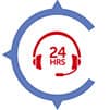 An illustration of a red headset with 24 hrs within it. Surrounded by three-quarters of a circle.