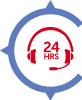 An illustration of a red headset with 24 hrs within it. Surrounded by three-quarters of a circle.