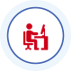 An illustration of a red human figure sitting at a desk and working on a computer.