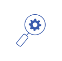 Magnifying glass with gear in its center representing troubleshooting with MyNovocure.