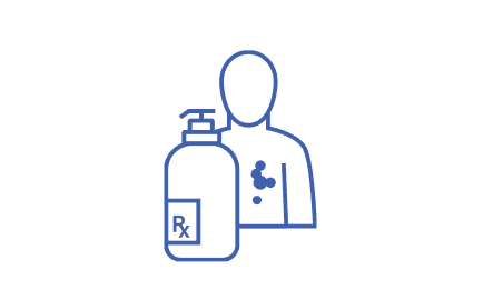 Prescription lotion bottle and figure with skin irritation on their chest.