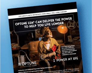 Learn About Optune Lua brochure cover showing man with transducer arrays on his chest playing guitar.