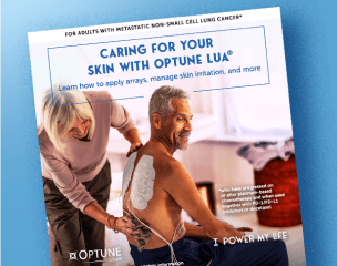 Caring for Your Skin With Optune Lua brochure cover showing care partner applying transducer arrays to man's back.