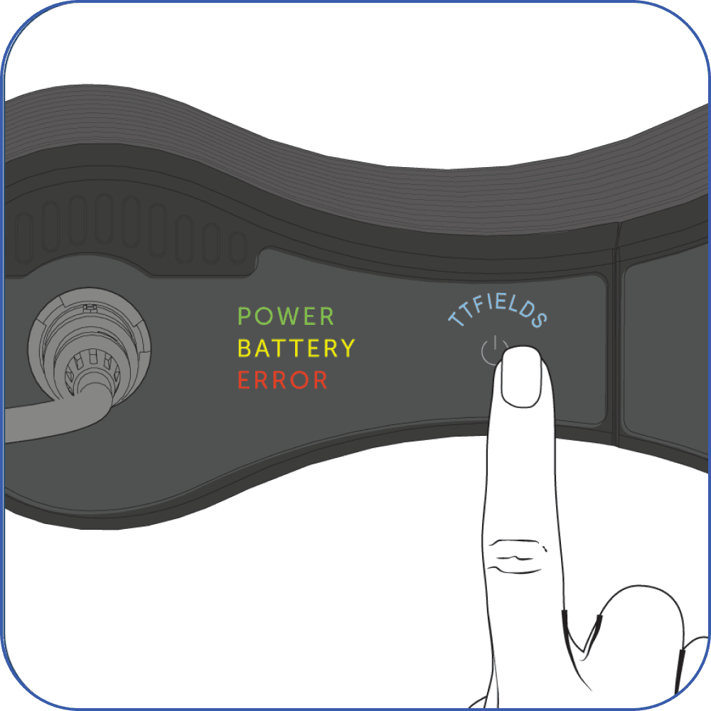 Optune Lua device with POWER lit green, BATTERY lit yellow, and ERROR lit red. A finger is on the TTFields power button.