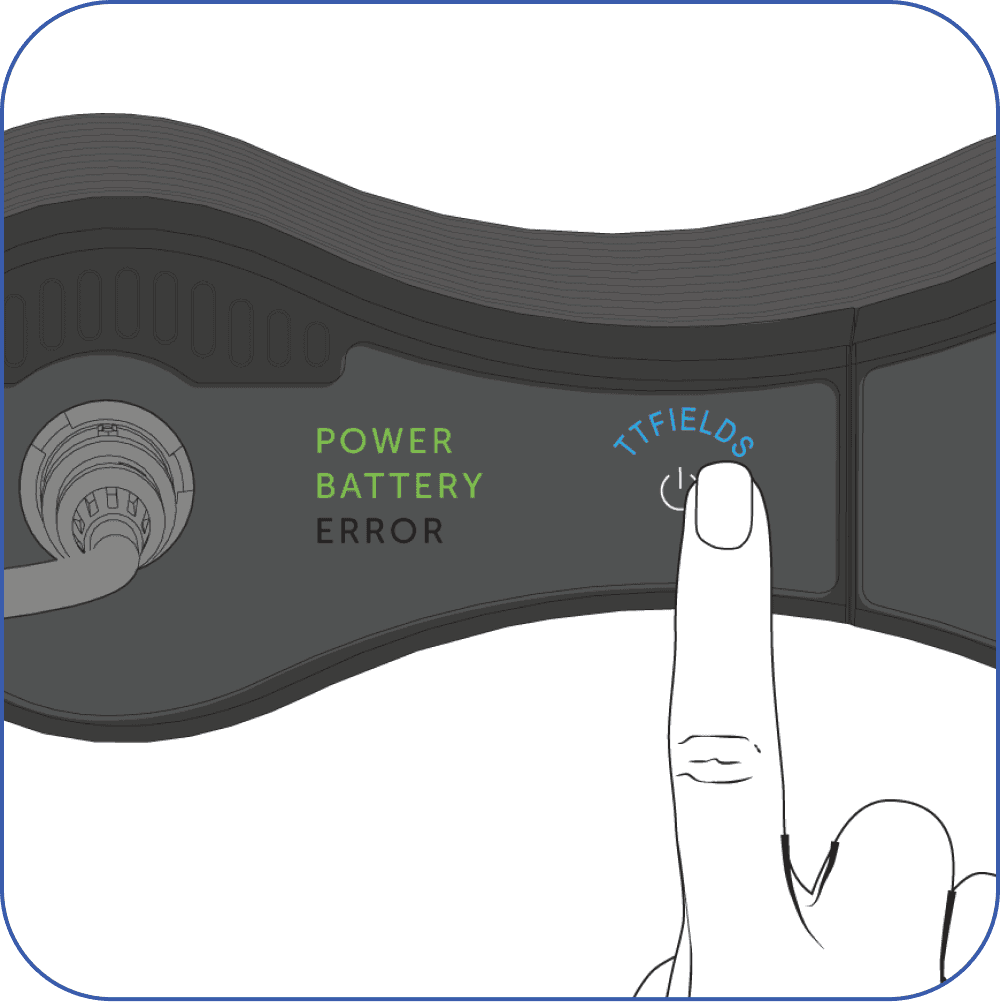 Optune Lua device with POWER and BATTERY lit green, and ERROR unlit. A finger is on the TTFields power button.