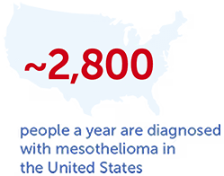 A map of the United States with the fact that around 2,800 people a year are diagnosed with mesothelioma.