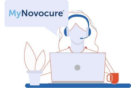 Illustration of support representative with headset and MyNovocure speech bubble