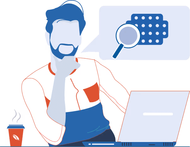 Support illustration of a person with laptop and device question